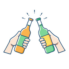 Two hands clinking bottles in a toast celebration