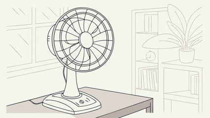 Illustration of a desk fan cooling home interior with plant and bookshelf for summer comfort and breeze