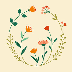 Whimsical floral wreath with orange and red flowers