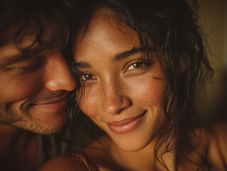 Young diverse couple embracing tenderly after resolving conflict in modern living room, genuine emotional expressions of relief and love, soft natural window lighting with enhanced warm golden tones,