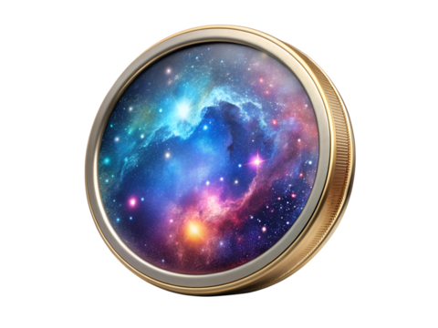 Coin with a universe inside isolated on transparent background, a cosmic concept