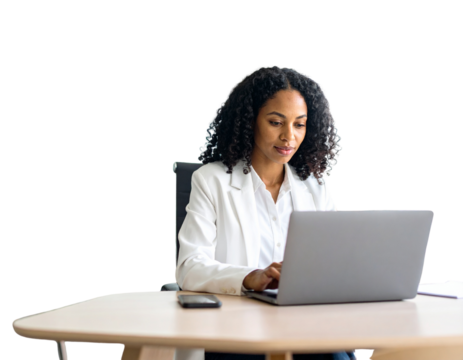 Firefly_3d Money Bag with dollar sign - Firefly_A woman uses a laptop, curly-haired in a white shirt isolated transparent background
