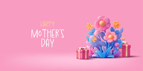 Gifts, blooming flowers, 3D. Pink banner for Happy Mother's Day greetings. Celebration, discounts, best gifts for Mom. Vector illustration.
