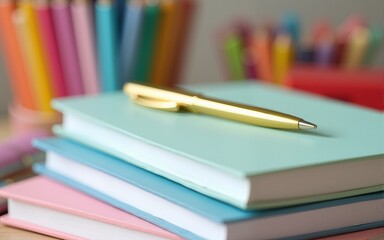 Stacked pastel notebooks with a golden pen on top, amidst a blur of colorful stationery items. High quality