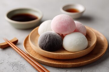 Colorful mochi dessert served on wooden plate with dipping sauce and chopsticks at modern dining table