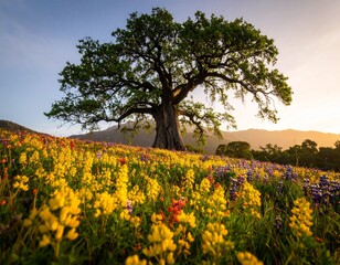 Majestic Oak Tree in a Field of Wildflowers A Breathtaking Landscape