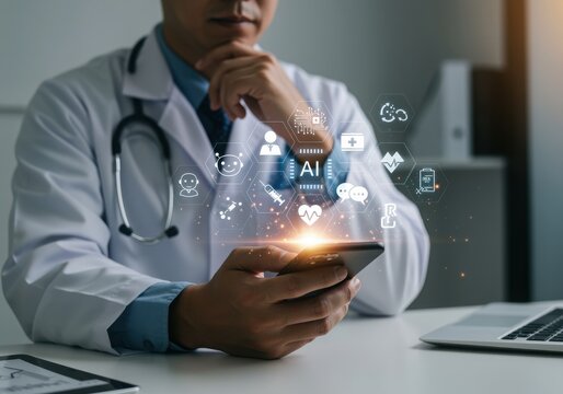 Doctor Using Smartphone with AI Medical Diagnosis Futuristic Technology and Health Information Interface.