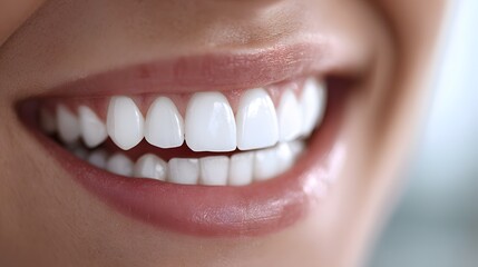 Fototapeta premium close-up of a person's mouth with a bright, white, healthy smile and well-aligned teeth.