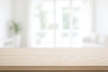 Bright airy room with a textured wooden surface in the foreground