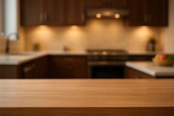 Warmly lit modern kitchen with a prominent wooden countertop in the foreground