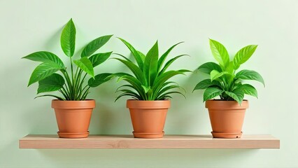 Three potted plants with vibrant green foliage arranged on a simple wooden shelf against a serene light green wall.  A minimalist home decor scene showcasing the beauty of indoor plants.