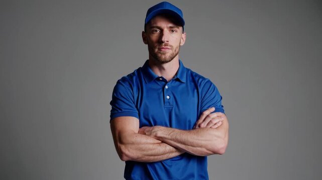 Professional male model poses confidently in solid blue outfit with arms crossed, showcasing fitness and style in a minimalist setting