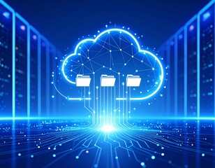 Futuristic cloud computing technology illustrating data storage, information transfer, and network management within a server data center.
