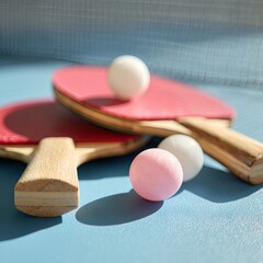 Two red ping pong paddles with three balls (two white, one pink) rest on a light blue surface, bathed in sunlight, casting shadows