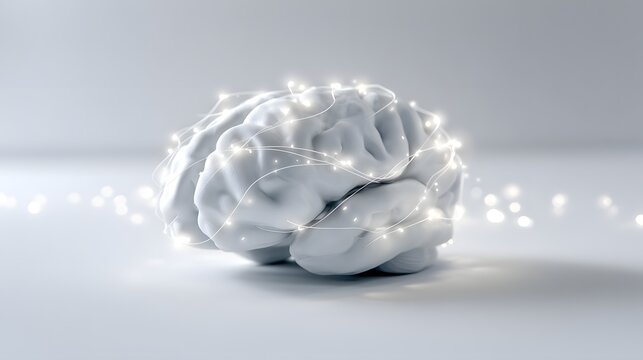 A 3d rendering of a brain with glowing neural pathways.