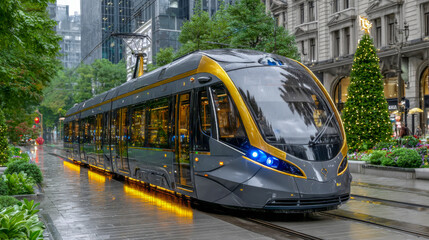 Fototapeta premium Modern tram with sleek design and vibrant colors is traveling along a city street, surrounded by lush greenery and festive decorations, showcasing urban transportation innovation