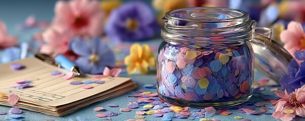 A colorful jar of confetti beside flowers and checklist on a table