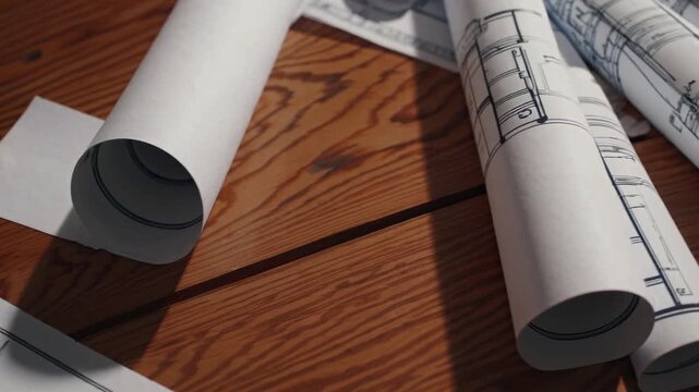 Architectural blueprints and drafting tools arranged on a wooden table in a design studio