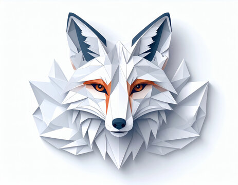 Geometric fox design using triangles and lines, center composition, muted color palette, white background, vector paper cut style