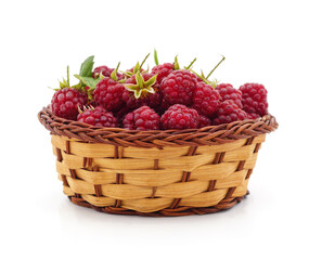 Fresh raspberries in a wicker basket.