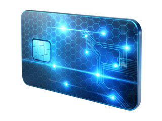 Modern blue credit card with chip isolated on transparent background