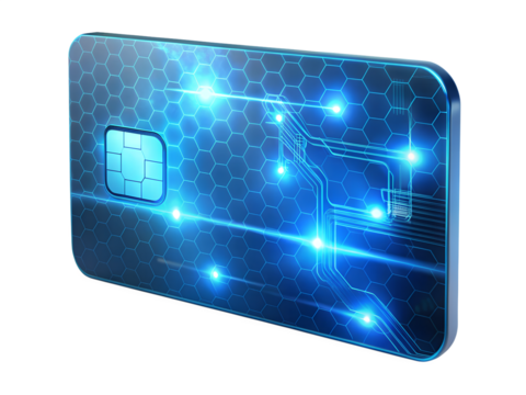 Modern blue credit card with chip isolated on transparent background