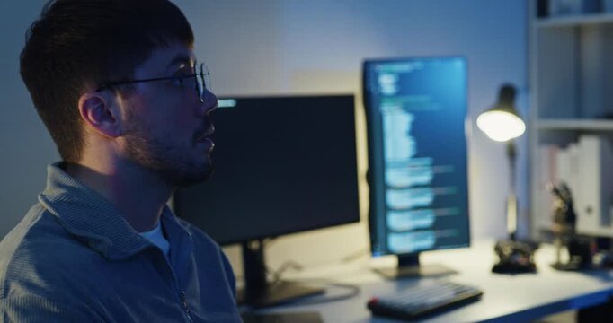 Team adult male engineer develop present AI robotics hand project at tech workspace night. Artificial intelligence, collaboration support prototype development, robotic, machine learn, training.