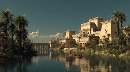 Obraz premium Majestic Ancient Kingdom Palace Overlooking Serene Riverbank Scene