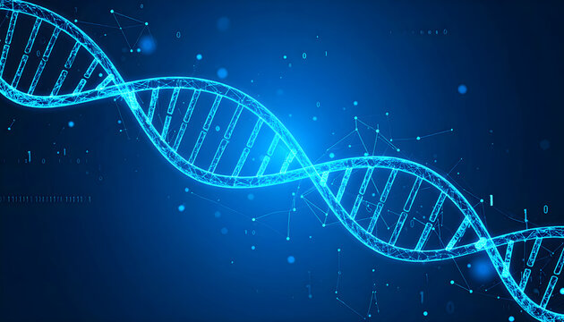 Digital representation of DNA strand with binary code and network connections on blue background