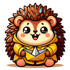 Fototapeta premium Adorable hedgehog in yellow raincoat holding paper boat isolated on a transparent background cute animal