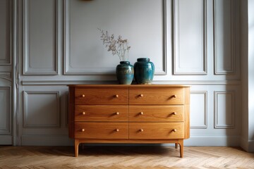 Stylish wooden dresser with decorative vases in a bright, modern interior space during daylight hours