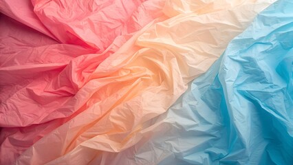 Crumpled paper creates a beautiful abstract background with soft pink, orange, and blue pastel color gradients, showing gentle folds and creases.
