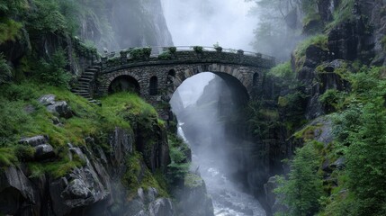 Ancient Stone Bridge Over Misty Chasm Surrounded by Lush Greenery