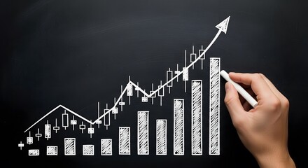 Hand-drawn graph on a chalkboard depicting a rising trend, with candlestick charts, illustrating growth and success.
