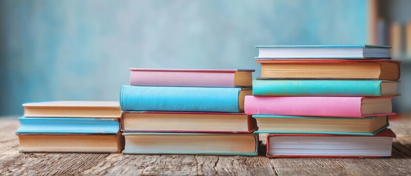 The colorful stack of books on a rustic wooden table background.