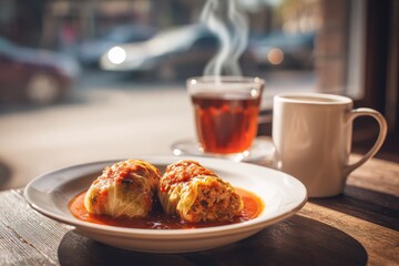 Warm cabbage rolls served in savory sauce with tea on a sunny day at a cozy restaurant