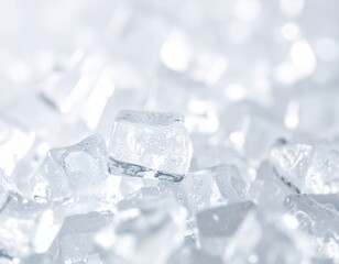 Close-up macro view of crystal clear ice cubes scattered on a bright white background, creating a cool and refreshing abstract texture.