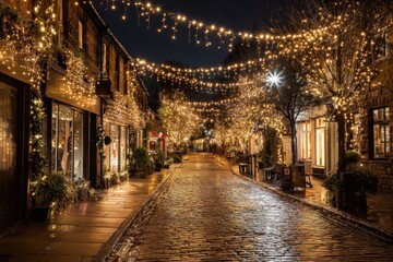 Obraz premium Cobblestone street adorned with twinkling lights at night in a charming town during the holiday season