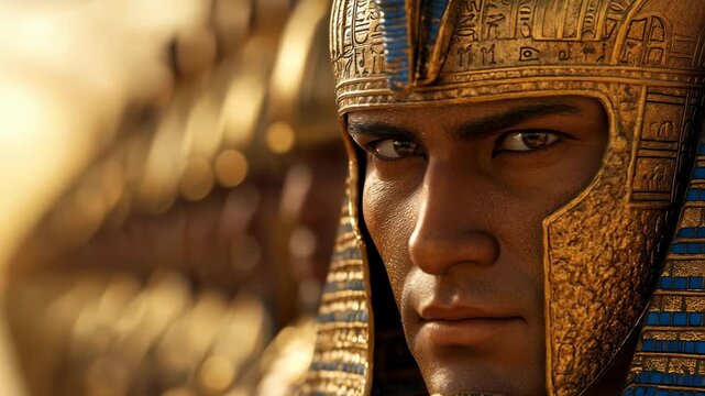 Portrait of a powerful Egyptian pharaoh in a golden headdress. History, leadership, legacy. Epic scene of ancient Egypt, intense gaze. Ideal for documentaries and museum content.