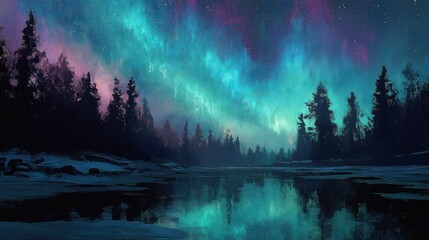 Aurora Borealis Dancing Above Icy Forest Reflecting in Water
