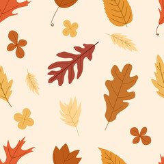 Obraz premium Seamless autumn pattern with leaves. Hand drawn vector illustration in brown color. Isolated on beige background. Different types of leaves.