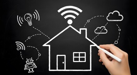 Hand drawing a smart home concept with a house, WiFi symbol, lightbulb, robot, and clouds on a dark background.