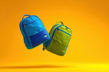 Two vibrant neon green and blue backpacks floating in the air isolated on yellow background. Colorful school bags are suspending mid-air. Dynamic movement composition. product presentation, playtime