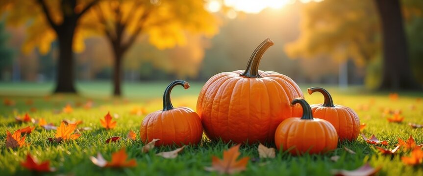 Photo of a group of vibrant orange pumpkins sits on a grassy lawn scattered with fallen autumn leaves, bathed in the warm, golden glow of the setting sun, creating a picturesque fall scene