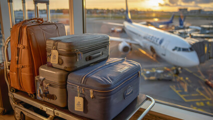 Luggage stacked on a trolley near airport window, showcasing various travel bags against the backdrop of an airplane preparing for departure at sunset