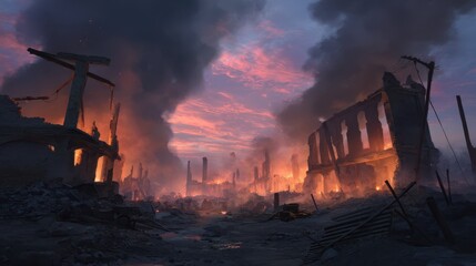 Devastated Battlefield with Ruins, Smoke, and Broken Machines at Dusk