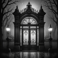 Eerie ornate gate opens to misty forest path with glowing lanterns creating gothic atmosphere