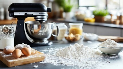 Kitchen counter with ingredients and mixer