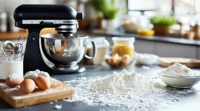 Kitchen counter with ingredients and mixer