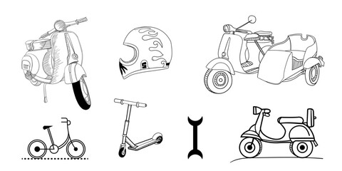 Scooter illustration set,ride joy,vacation scooter,Hand Drawn,two wheeler icon,helmet,old type scooter set,Design element for scooty,rides.  
